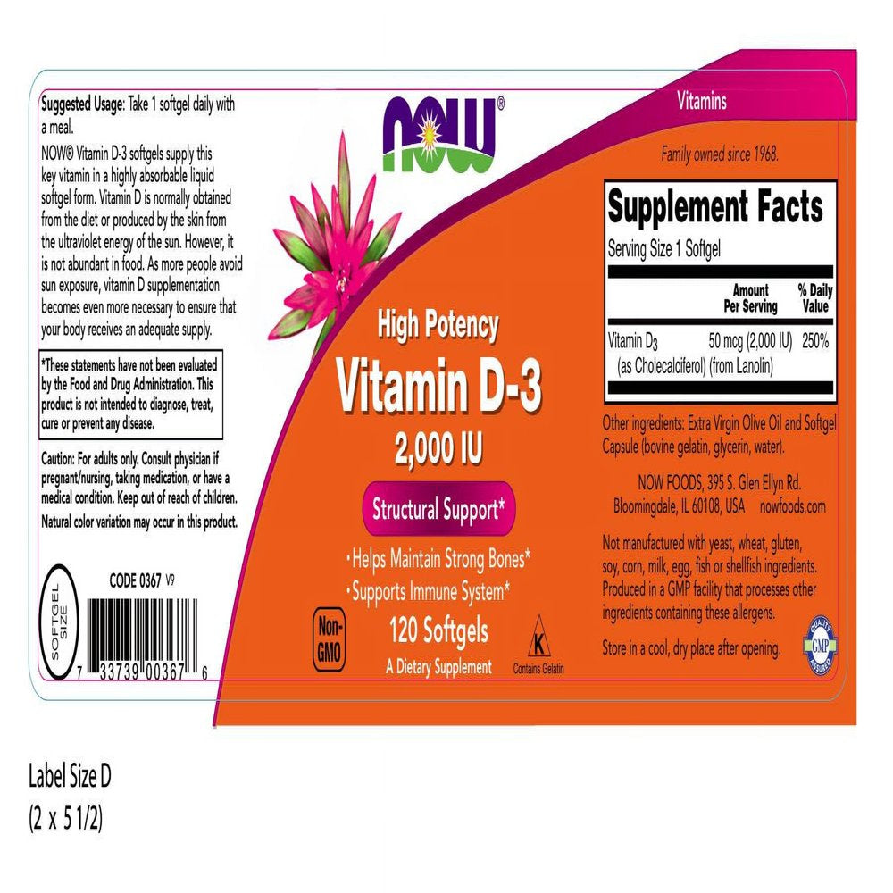 NOW Supplements, Vitamin D-3 2,000 IU, High Potency, Structural Support*, 120 Capsules - 2 Packs