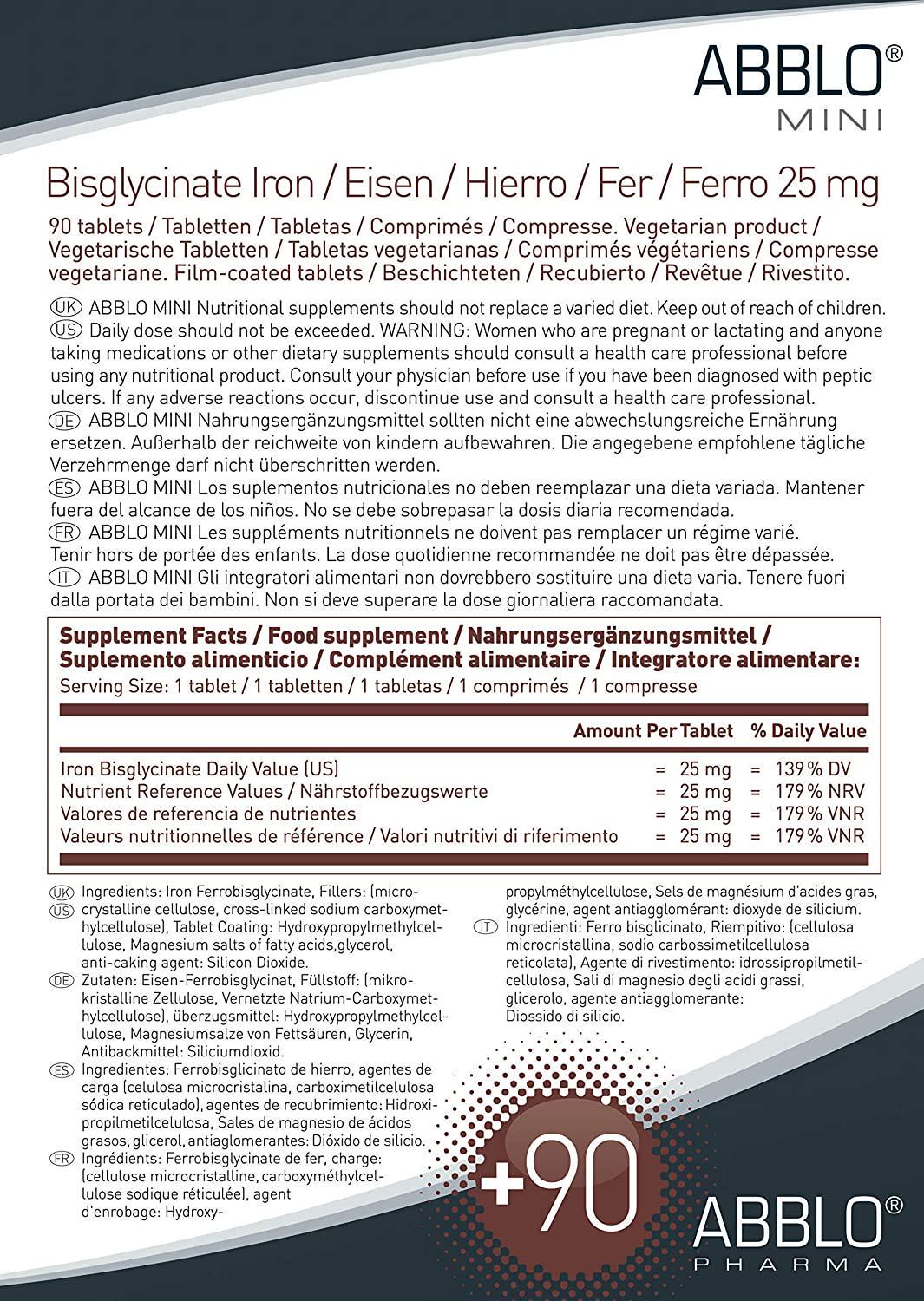 ABBLO 25mg. Iron BISGLYCINATE - Gentle on The Stomach - Can be Taken with Food.