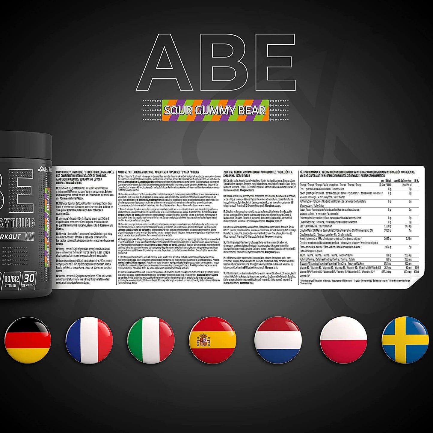 ABE All Black Everything Pre Workout Energy, Increase Physical Performance with Citrulline, Creatine, Beta Alanine, Caffeine Vitamin B Complex (Sour Gummy Bear, 315g)