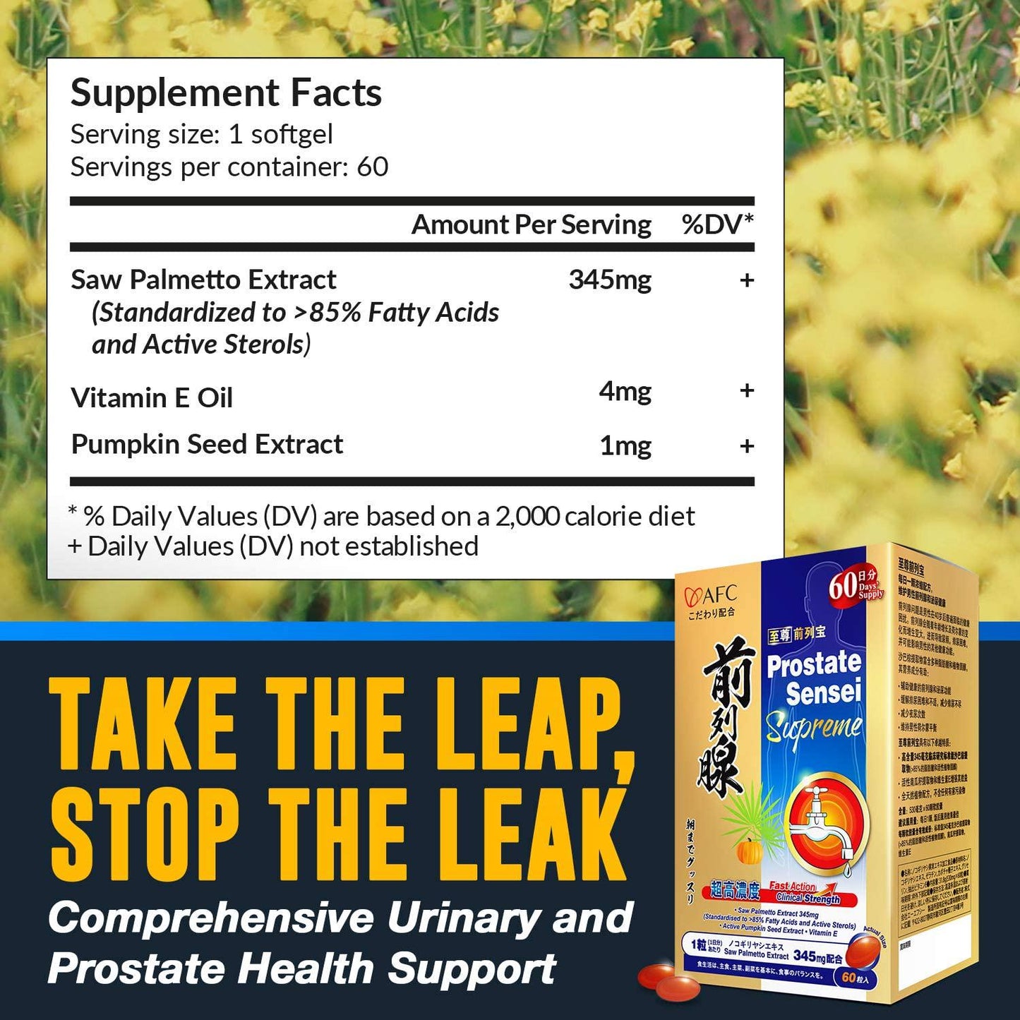 AFC Japan Prostate Sensei Supreme – Clinical Strength Saw Palmetto with >85% Fatty Acids and Active Sterols for Prostate Health, Reduce Frequent Urination, Better Bladder Emptying, 60-Day Supply