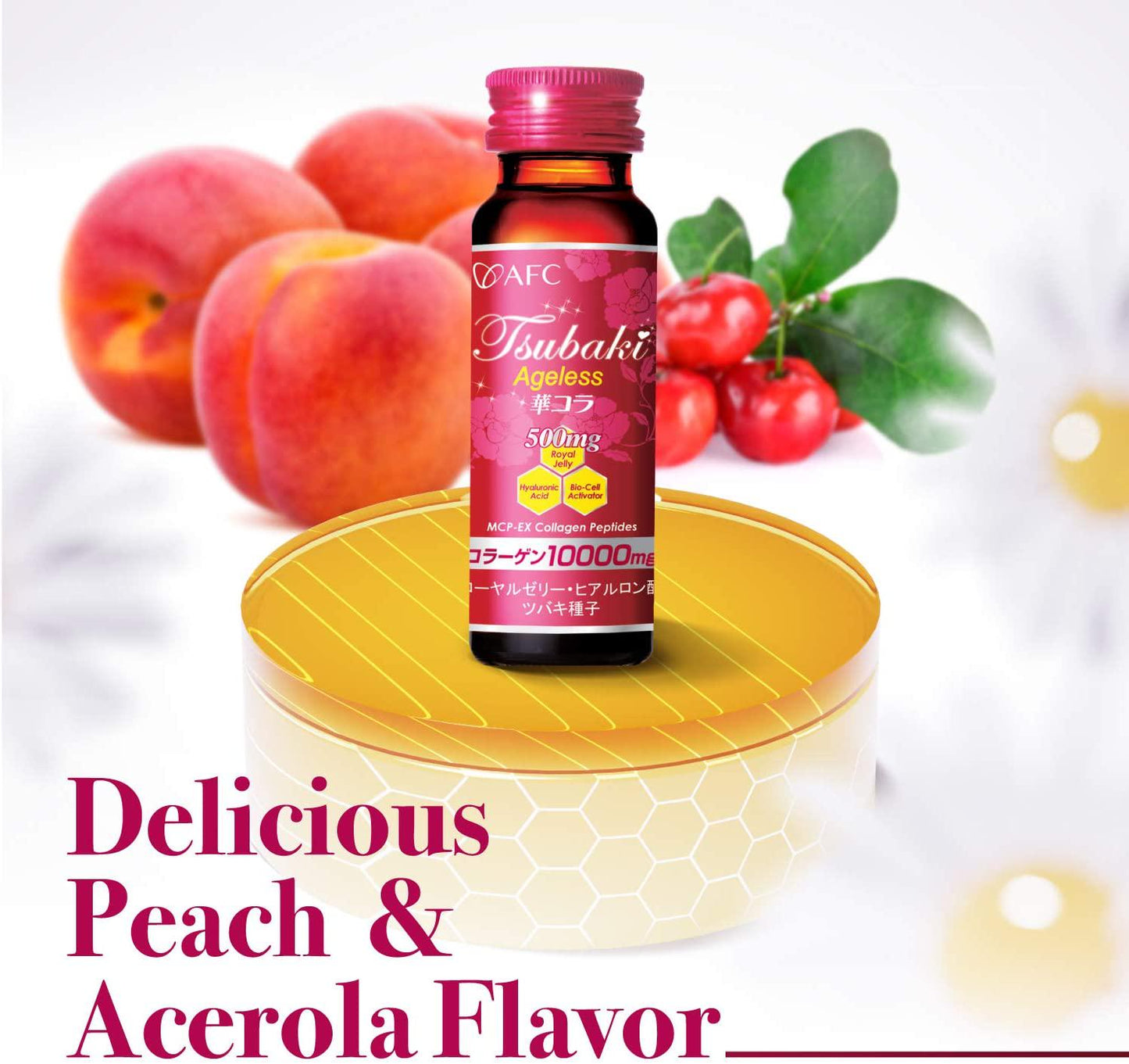 AFC Japan Tsubaki Ageless Beauty Collagen Drink from Japan with 10,000mg Marine Collagen Peptides + 500mg Royal Jelly + Hyaluronic Acid + Vitamin Bs and C for Skin Revitalization (1.69fl.ozx10 Bottles)