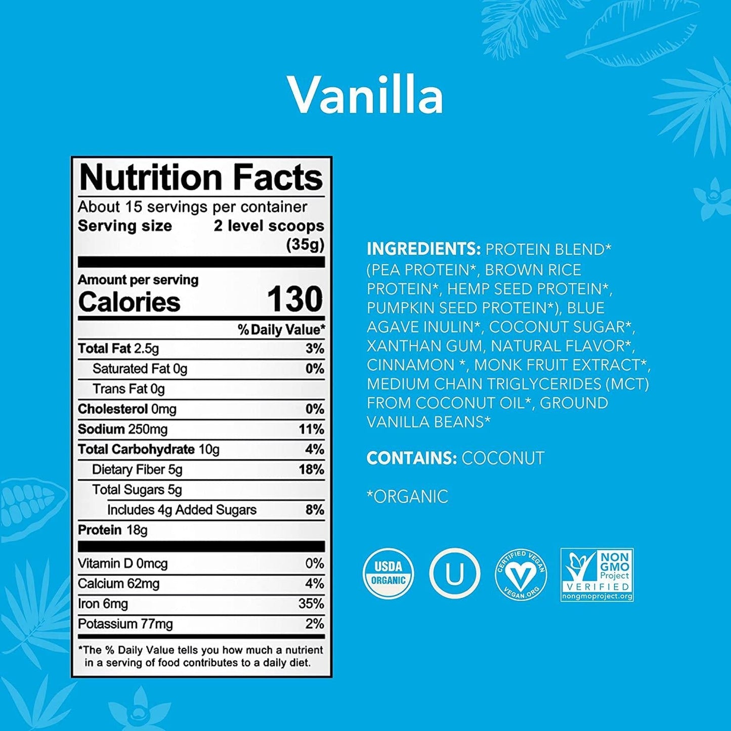 ALOHA Organic Plant-Based Protein Powder - NO-STEVIA Vanilla - Keto Friendly Vegan Protein with MCT Oil, 18.5 oz, Makes 15 Shakes, Vegan, Gluten-Free, Non-GMO, Erythritol-Free, Soy-Free, Dairy-Free and Only 3g Sugar