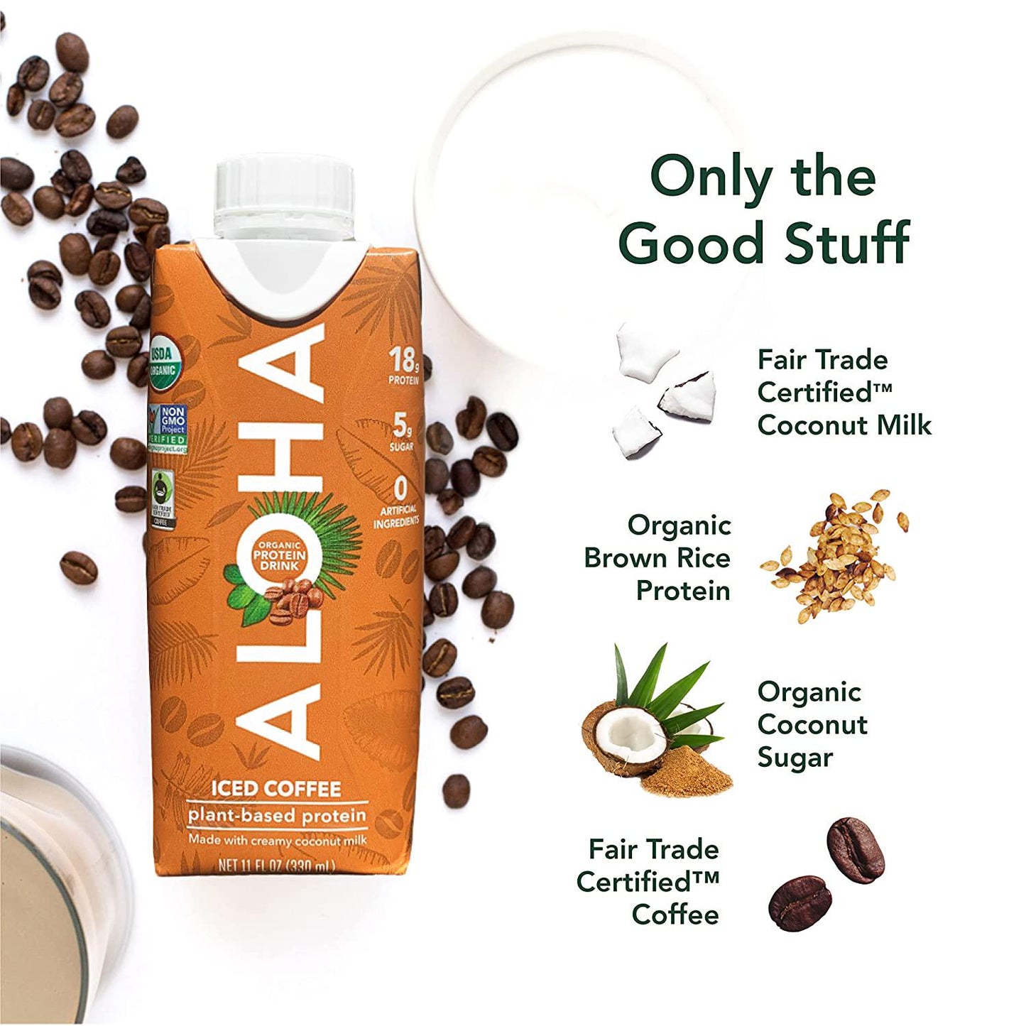 ALOHA Organic Plant Based Iced Coffee Ready to Drink Protein Shake with MCT Oil (12 Count, 11oz) 18g Protein, Low Sugar, Gluten Free, Paleo, Low Carb, Non-GMO, Soy Free, Stevia Free, Sugar Alcohol Free