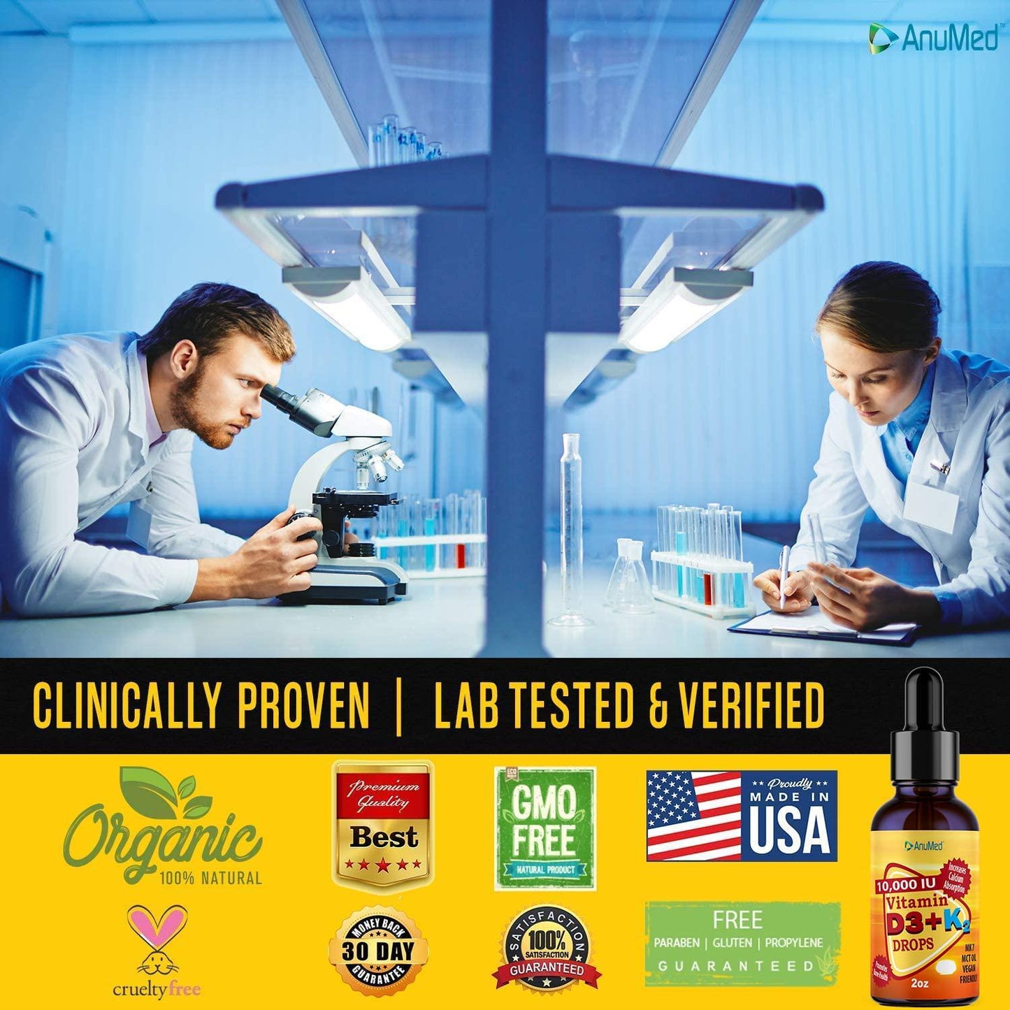 ANUMED Vitamin D3 + K2 10,000 IU Liquid Drops + Organic MCT Oil, Vitamin A (Retinol) 1250mcg, K2 (MK4,MK7) Promotes Heart, Bones, Immune System. 100% Vegan, Non-GMO, Gluten-Free, No Sugar Added (2oz)