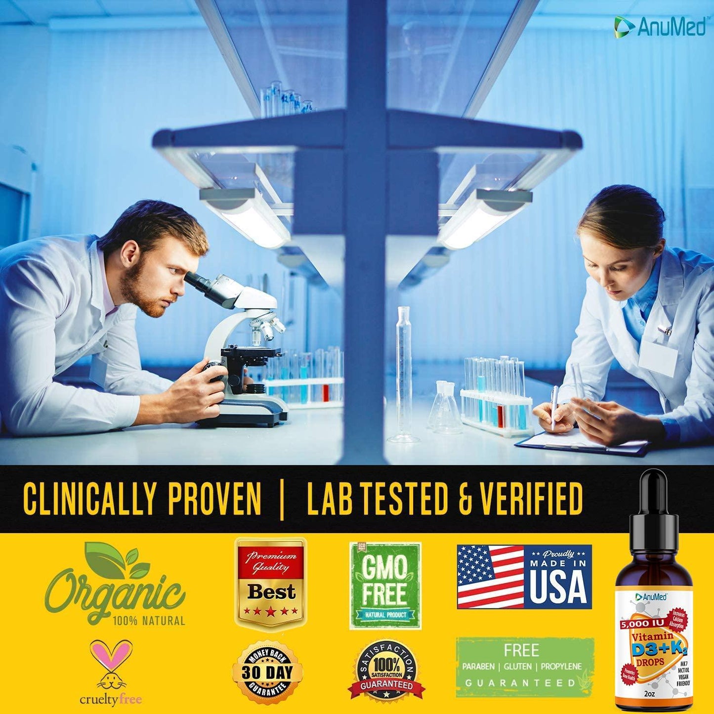 ANUMED Vitamin D3 + K2 5,000 IU Liquid Drops + Organic MCT Oil, Vitamin A (Retinol) 1250mcg, K2 (MK4,MK7). Promotes Heart, Bones, Immune System. 100% Vegan, Non-GMO, Gluten-Free, No Sugar Added (2oz)