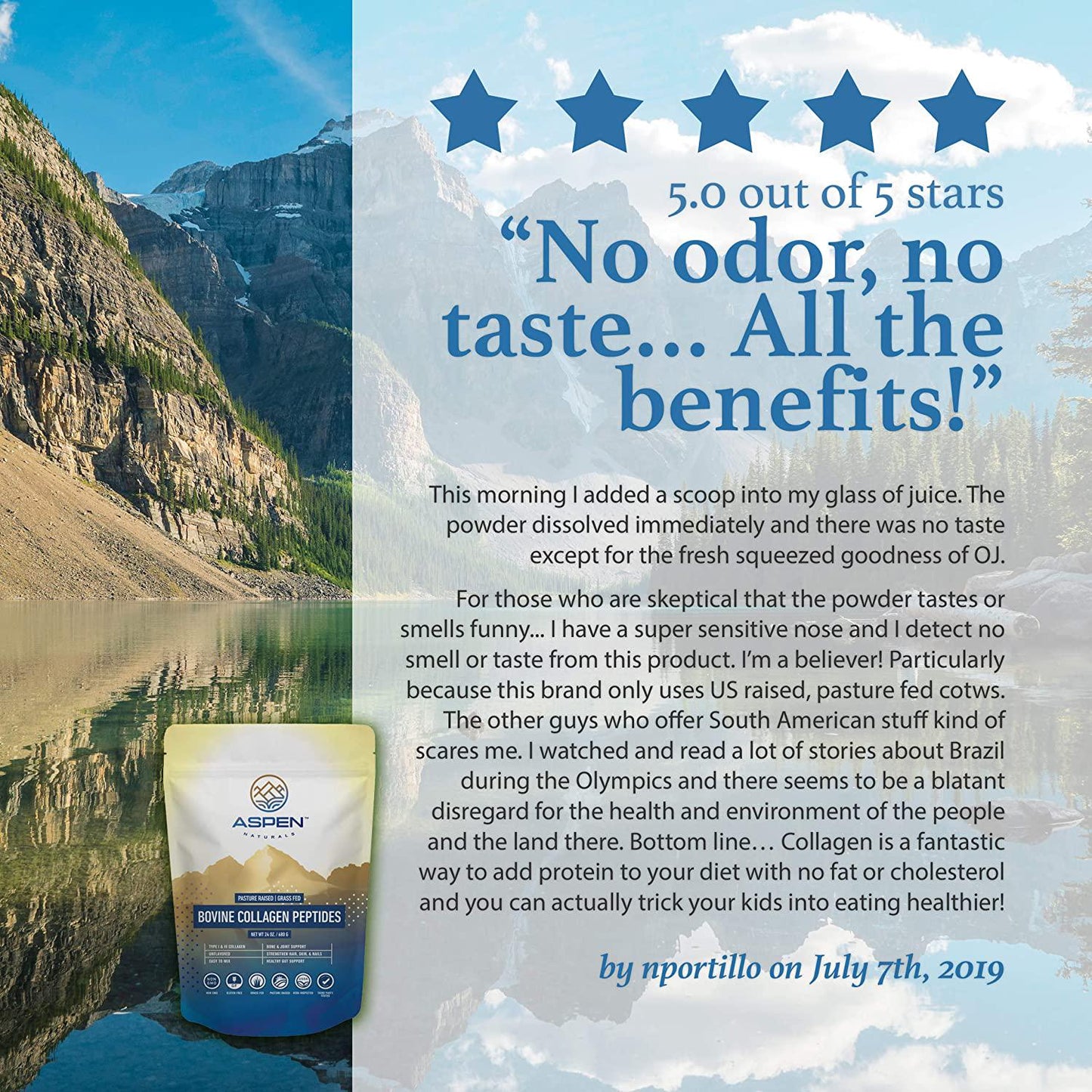 ASPEN NATURALS Grass Fed Bovine Collagen Peptides Powder - USA Sourced from USDA Inspected Cattle, Gluten Free, Paleo Friendly, Water Soluble, Flavorless, Easily Mixes into Liquids - 5LB