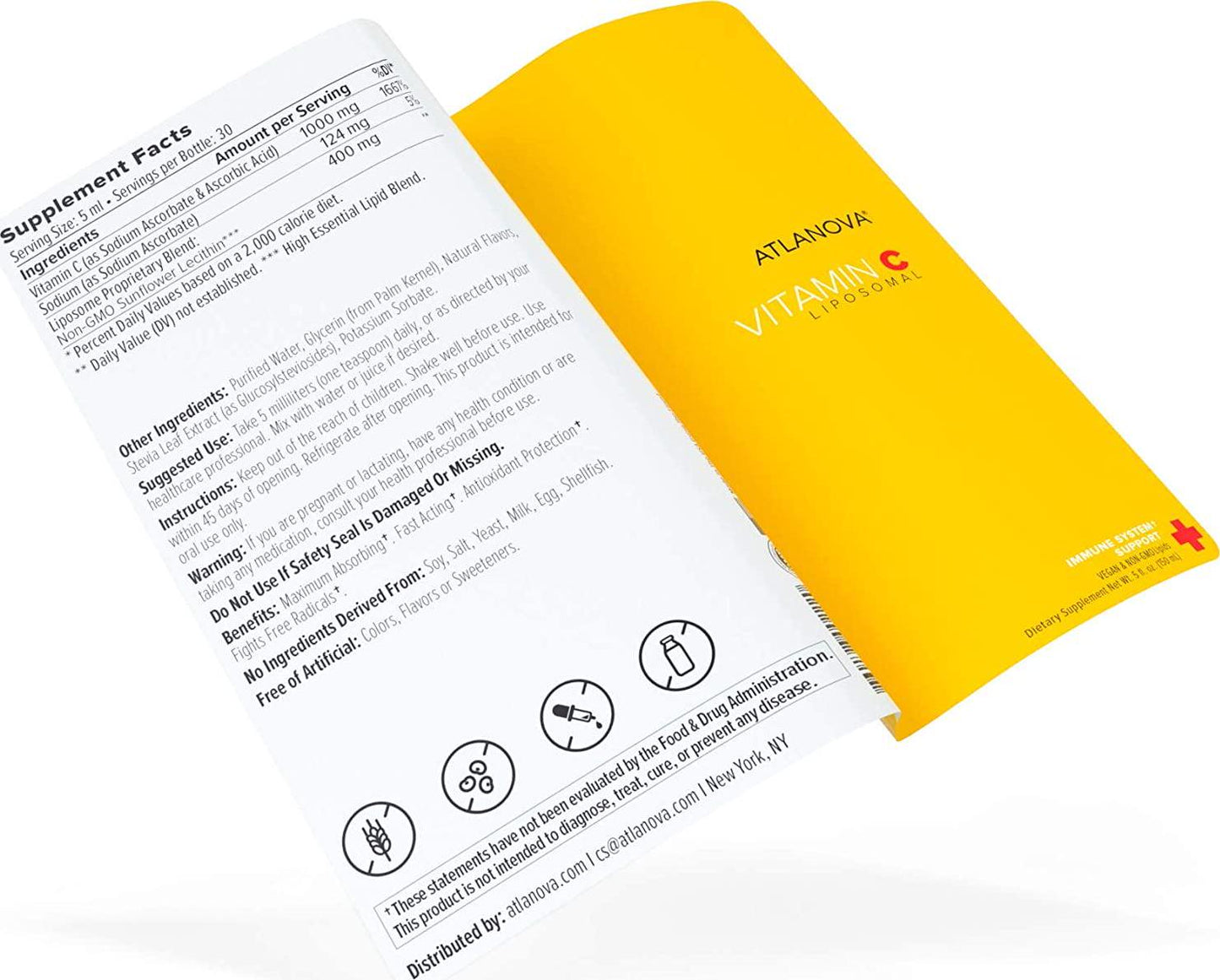 ATLANOVA Liposomal Vitamin C 1000mg Liquid Superior Absorption Formula, Natural and Vegan Dietary Supplement, Dr. Formulated, Sodium Ascorbate, Collagen Boost and Immune Support 5 oz. 30 Day Supply