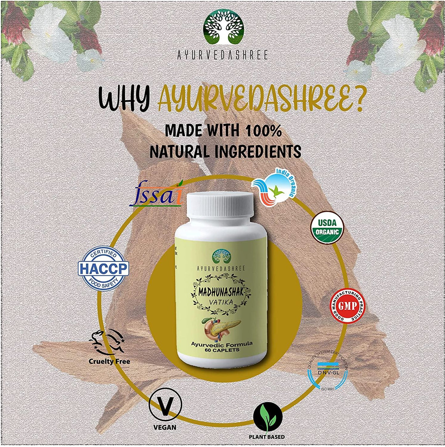 AYURVEDASHREE Madhunashak Vatika 60 Caplets | Each Caplet Contains 1000 MG Extract of Natural Herbs | an Ayurvedic Formula