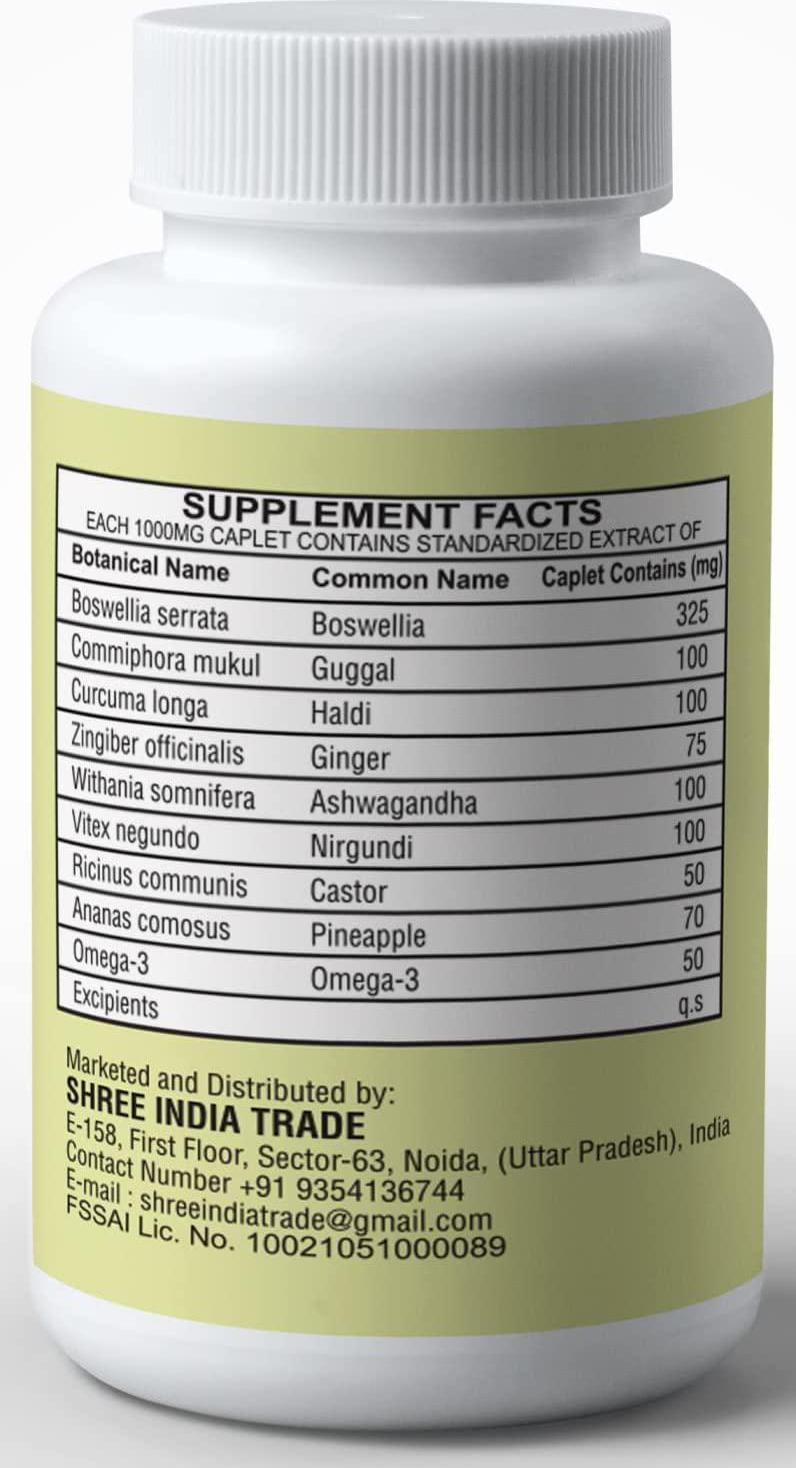 AYURVEDASHREE Ortho Vatika 60 Caplets | Ortho Herb | Orthoherb | Boswellia Serrata Herb | 60 Caplets of 1000 MG | Each 1000 MG Caplet Contains Extract of 8 Natural Herbs and Omega-3