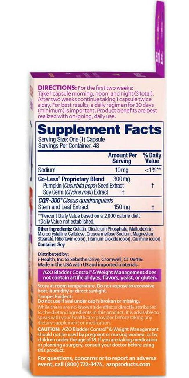 AZO Bladder Control with Go-Less and Weight Management Dietary Supplement | Safely Helps Reduce Occasional Urgency* | Promotes Healthy Metabolism* | Supports a Good Night s Sleep* | 48 Capsules
