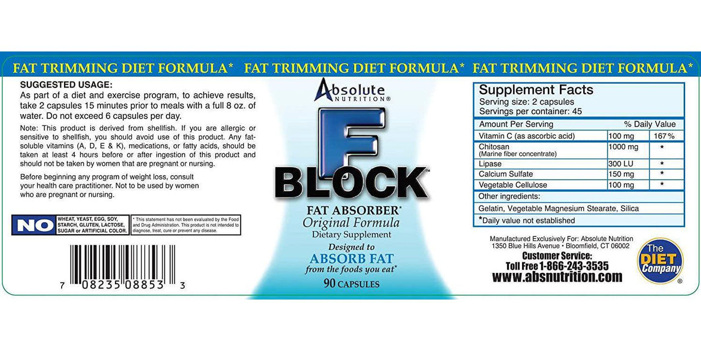 Absolute Nutrition FBlock Xtra Fat Absorber, Diet Formula, 90 Capsules