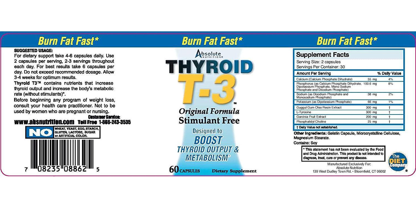 Absolute Nutrition Fat Burning Metabolism Boosting Supplement, Thyroid T-3, 60 Capsules