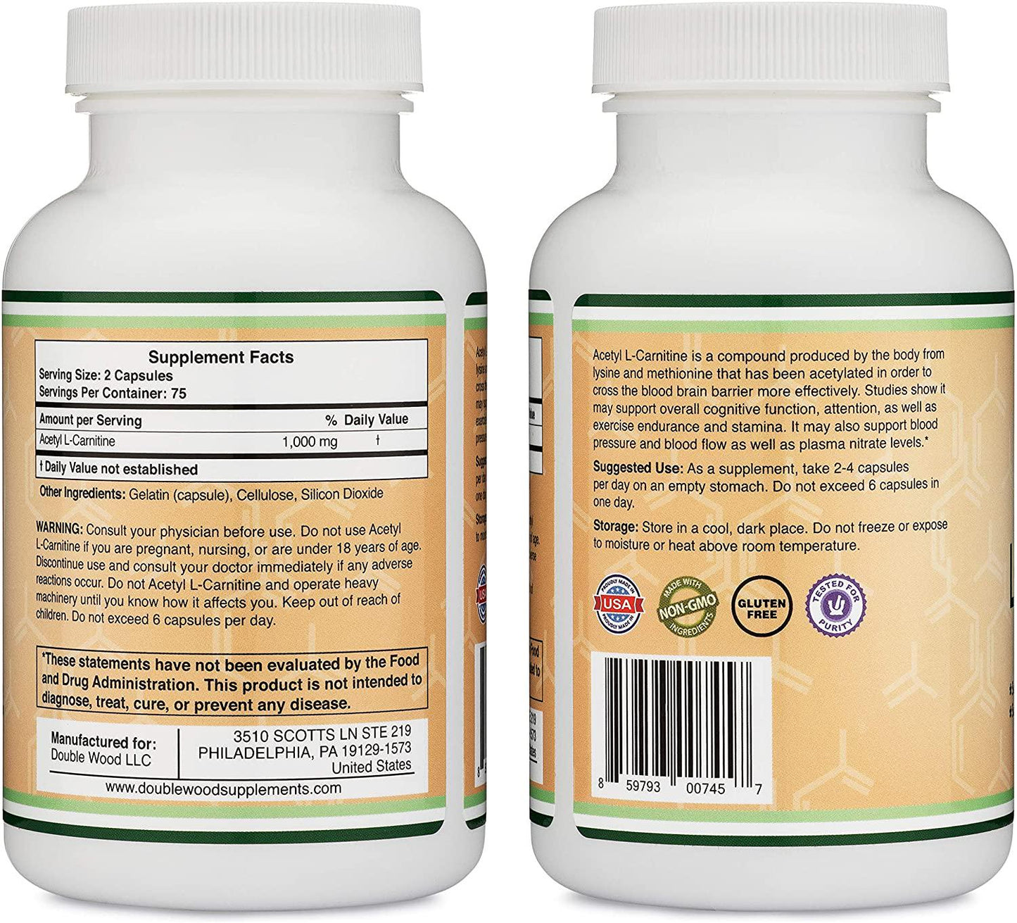 Acetyl L Carnitine (150 Capsules, 75 Day Supply) 1,000mg ALCAR for Brain Function Support, Memory, Attention, and Stamina - Made and Tested in The USA by Double Wood Supplements