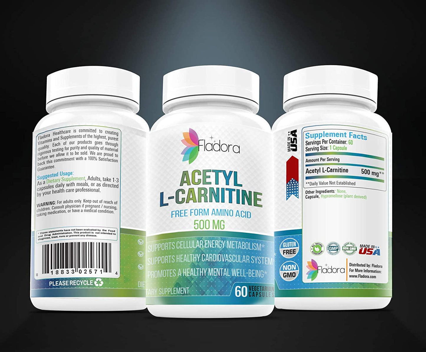 Acetyl L-Carnitine 500mg, Nootropic Supports High Energy Production, Cardiovascular Health and Cognition, Wholefood Dietary Supplement by Fladora, 60 Vegetarian Capsules, Non-GMO and Gluten Free