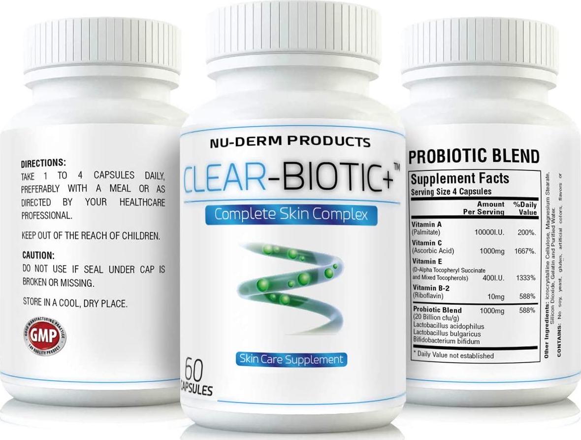 Acne Supplements Clear Biotic 20.1 gm Acne Pill Vitamins A E C B2 Probiotic Pathway