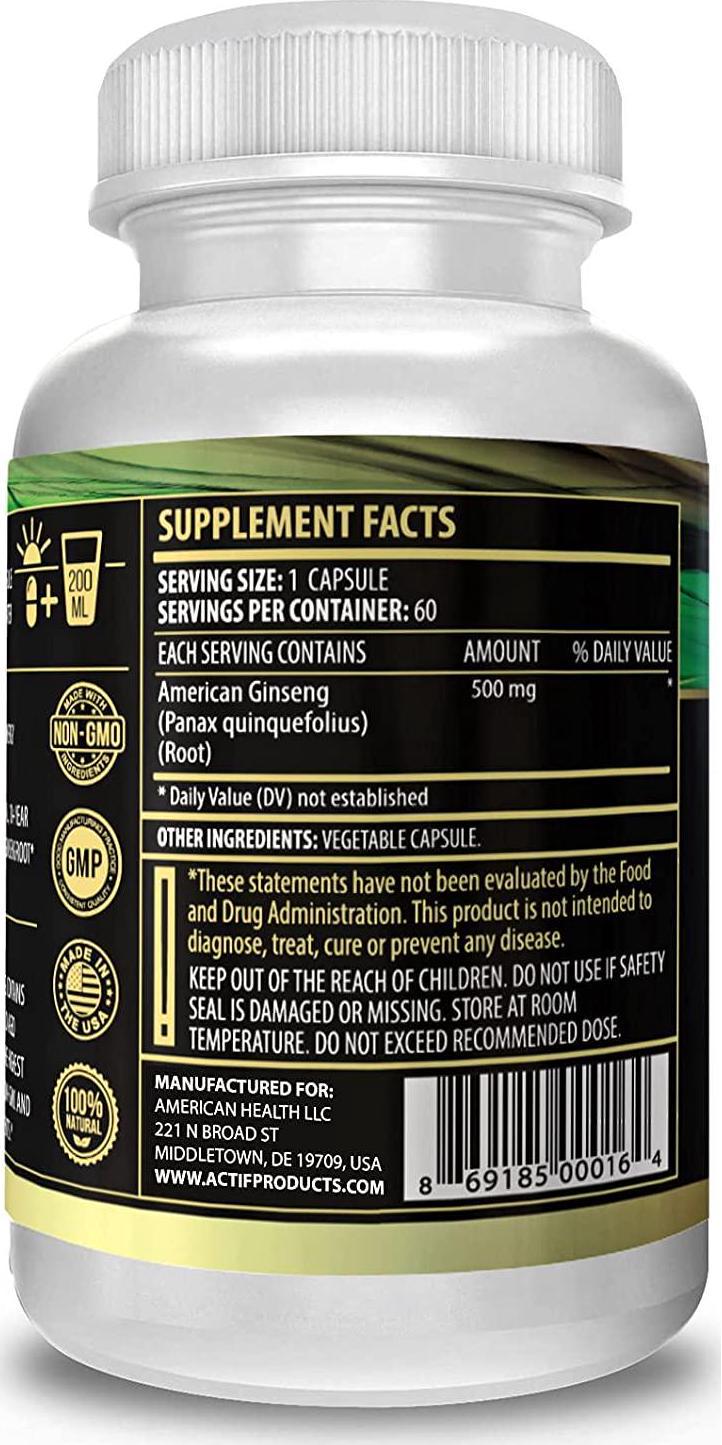 Actif American Ginseng - 100% Authentic 10 Year Old Ginseng, Non-GMO, 500mg - Made in USA