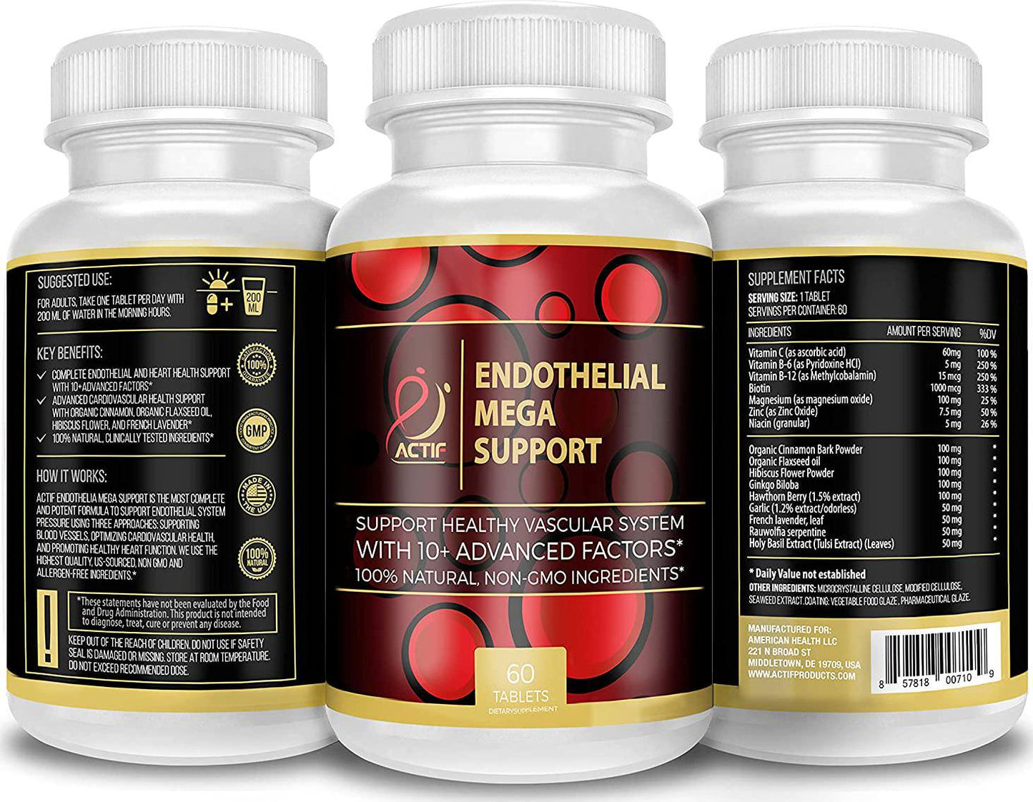 Actif Endothelial Mega Support with 10+ Factors, Maximum Endothelial System Support, Non-GMO, 60 Count