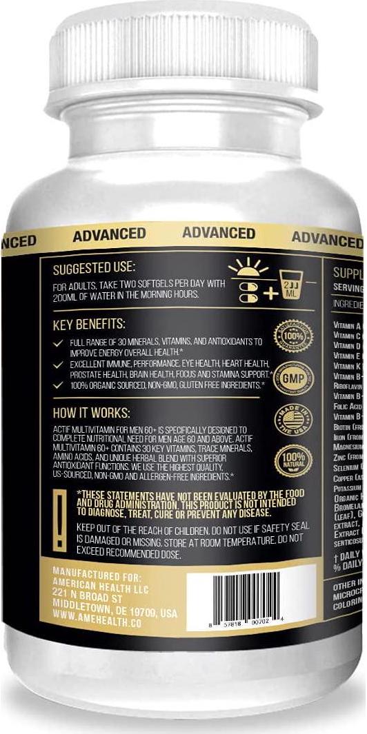 Actif Organic Multivitamin for Men Age 60+ with 30 Organic Vitamins and Organic Herbs, Non-GMO, Made in USA, 120 Count