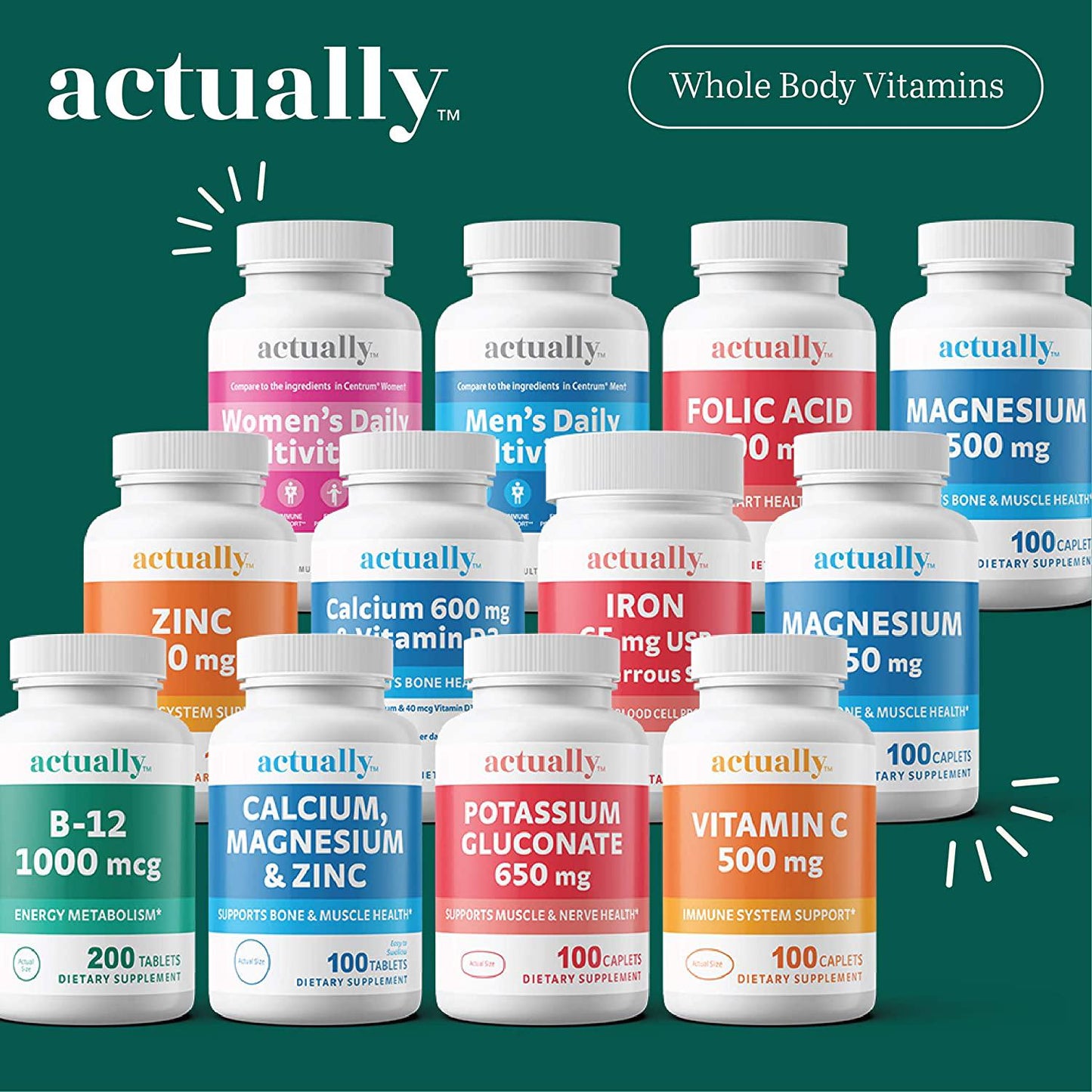 Actually Potassium Gluconate 650mg Caplets, 100ct - Support Muscle and Nerve Health for Adults 100-Day Supply