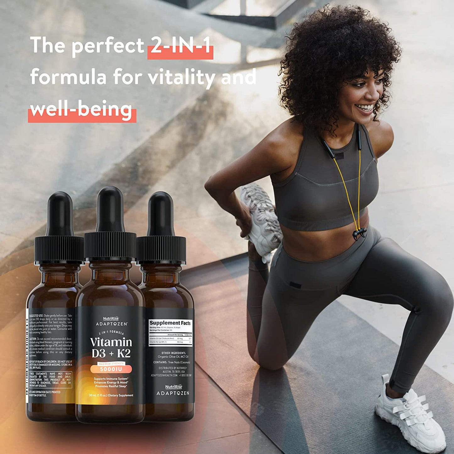 AdaptoZen Vitamin D3 + K2 Drops - 5000 IU: Support for Energy, Well-Being, Immunity and Joint Comfort, Vegetarian, Gluten-Free Formula for Men and Women + MCT Oil in Partnership with Michael Beckwith