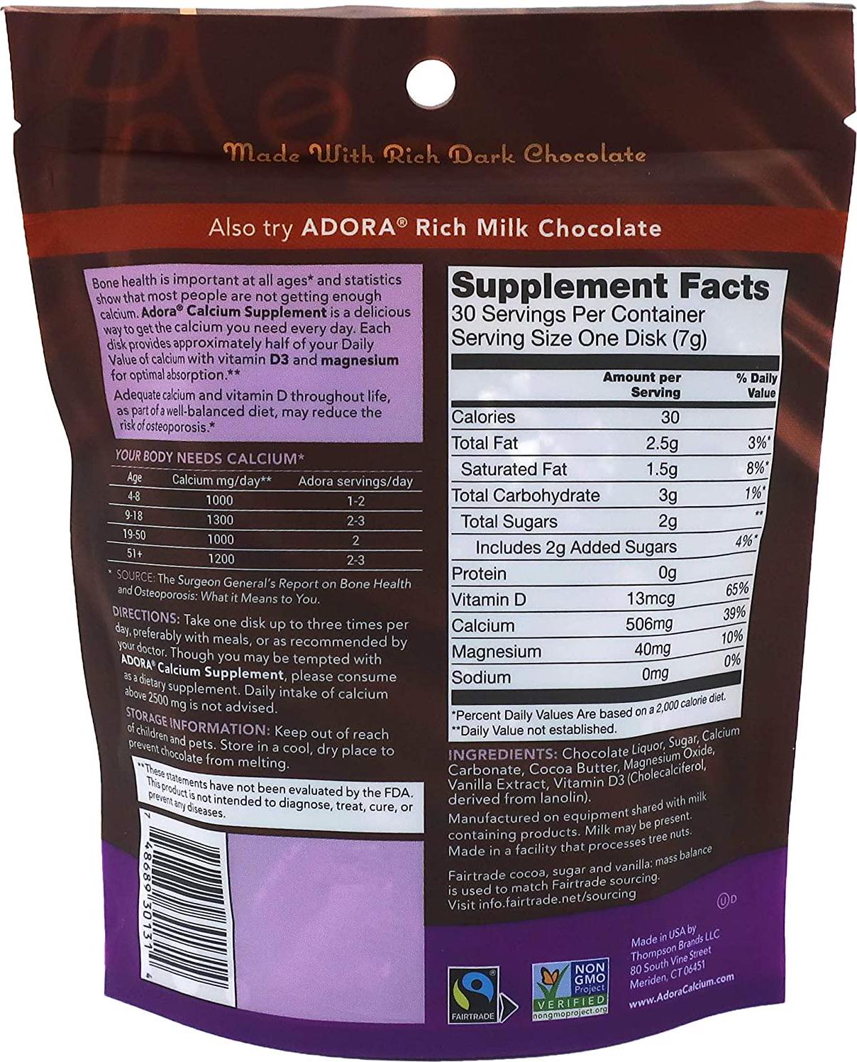 Adora - Calcium Supplement Dark Chocolate, 30 ct (Pack of 12)