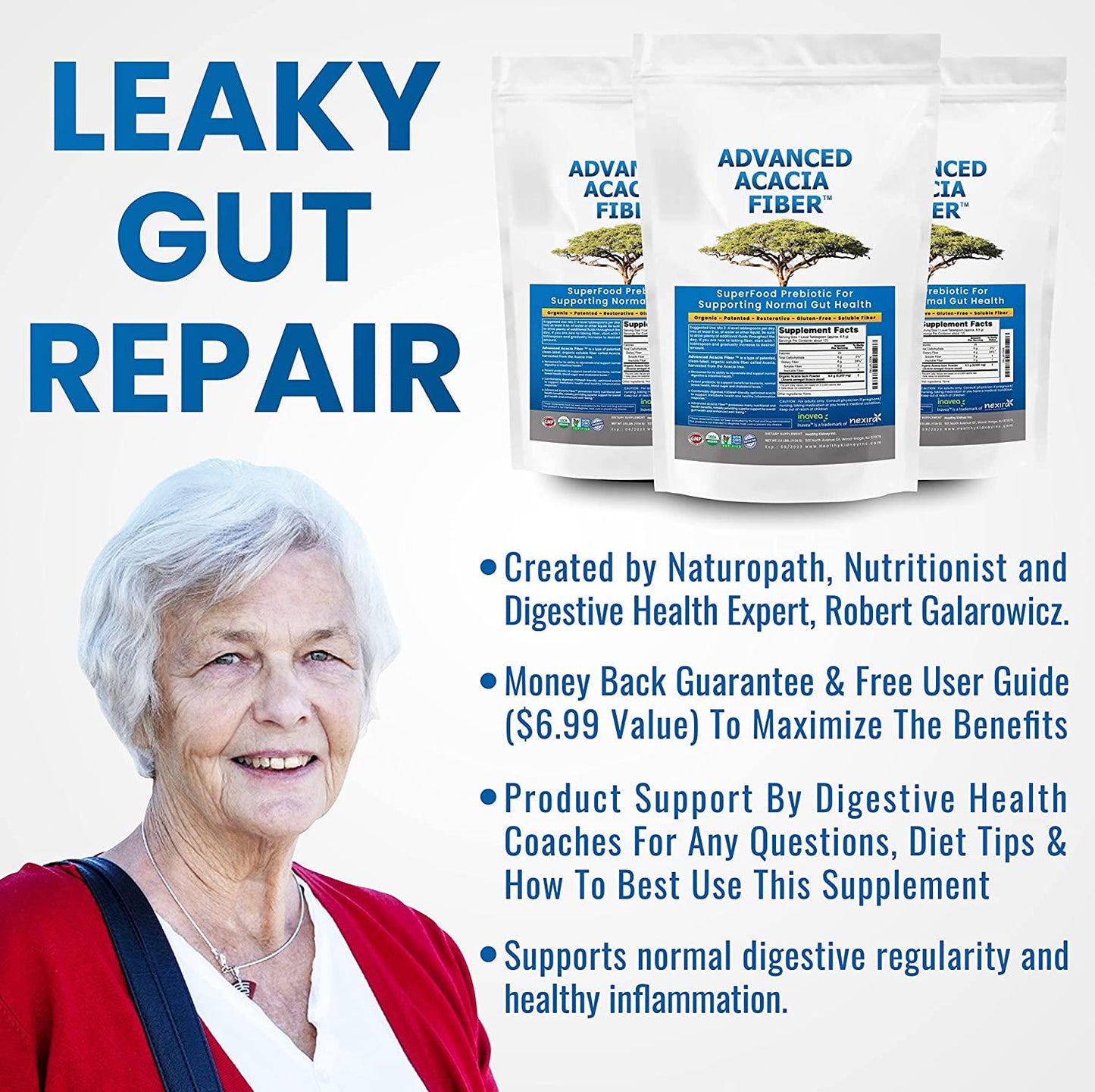 Advanced Acacia Fiber Powder 2.5 Ibs (40oz) Soluble Fiber Leaky Gut Repair Powder. Organic Fiber Supplement Powder for Gut Health