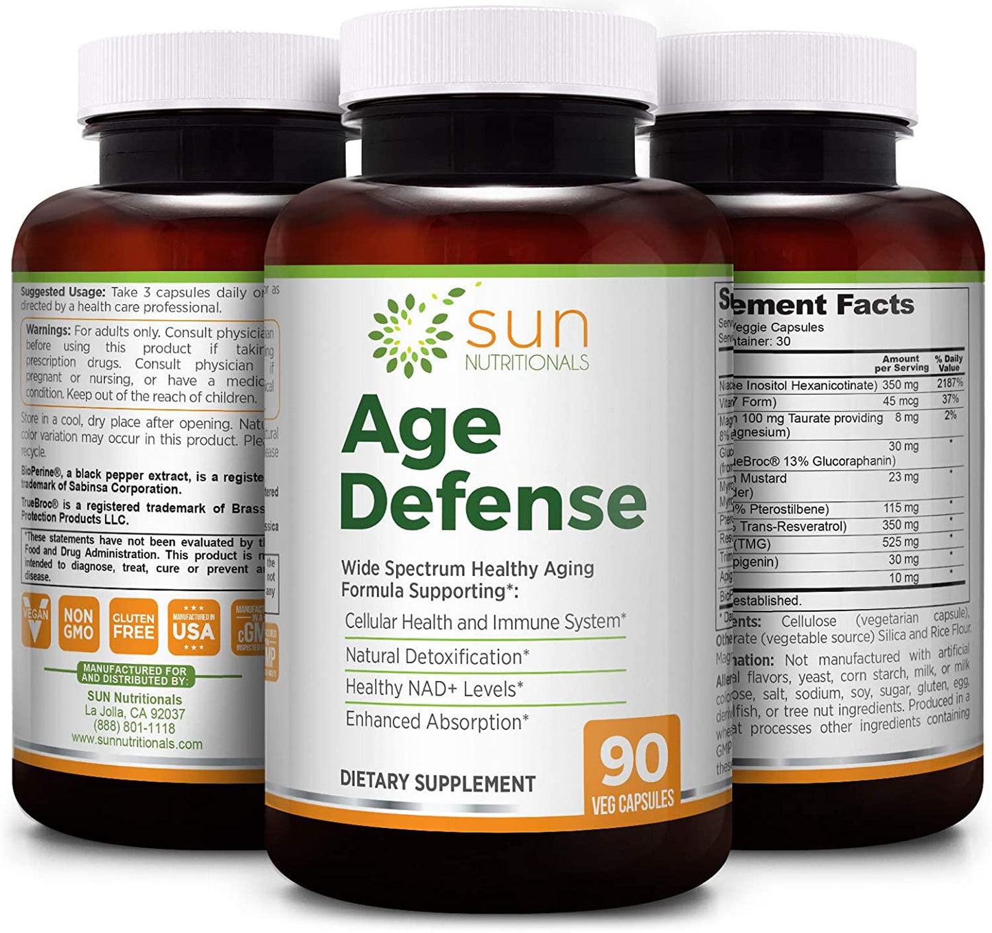 Age Defense with Sulforaphane precursors Glucoraphanin and Myrosinase, NAD+ boosters Apigenin, Niacin and Trimethylglycine, Nrf2 and Sirtuin activators Pterostilbene and Trans-Resveratrol, Vitamin K2, Magnesium - Sun Nutritionals