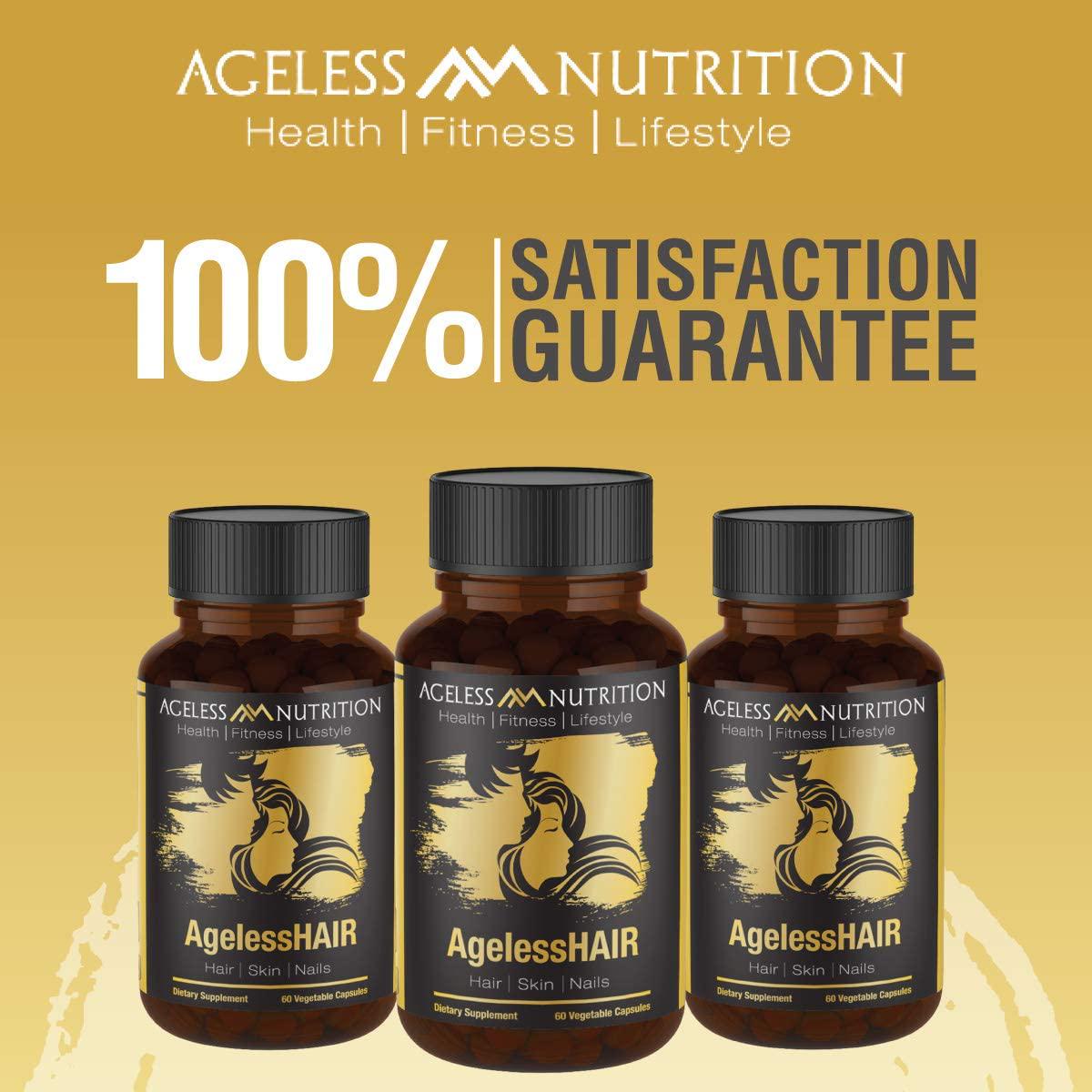 AgelessHAIR - Premium Hair Growth Formula for Healthier, Stronger, Shinier Hair - All Natural Supplements Including Biotin, Collagen, Vitamin A, Horsetail Leaf Extract - 60 Veggie Capsules