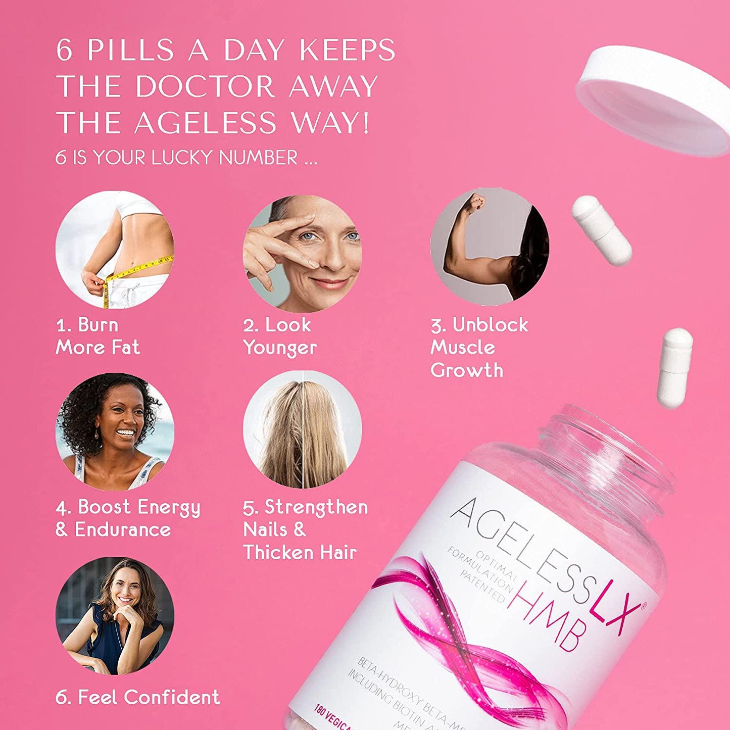 AgelessLX Anti Aging Supplement for Women - with HMB Collagen Enhancer Plus Vitamin D3 and K2, Horsetail and Biotin - Helps Build Lean Muscle, Strong Nails and Promotes Hair Growth