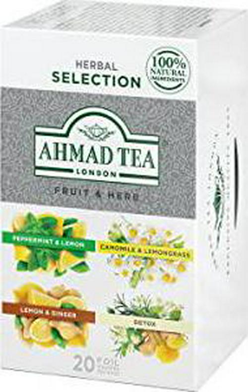Ahmad Tea Herbal Tea, Fruit and Herb Selection, 4 Teas Peppermint and Lemon, Camomile and Lemongrass, Lemon and Ginger, and Detox Teabags, 20 ct - Decaffeinated and Sugar-Free