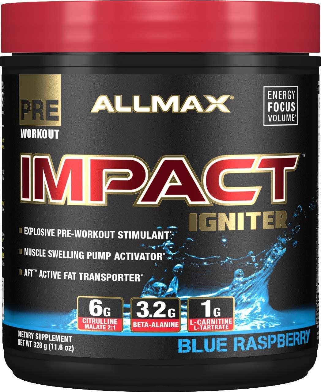 Allmax Nutrition Impact Igniter, Pre-Workout Supplement, Blue Raspberry, 328G