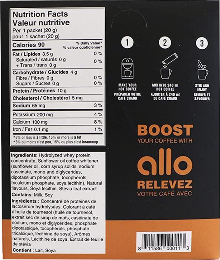 Allo Caramel Protein Powder Coffee Creamer | Gluten-Free, Clump-Free, Sugar-Free | 10 Grams of Hydrolyzed Whey Protein Powder | Dissolves in Hot Lattes, Matcha, Tea, Hot Chocolate | 10 Per Box