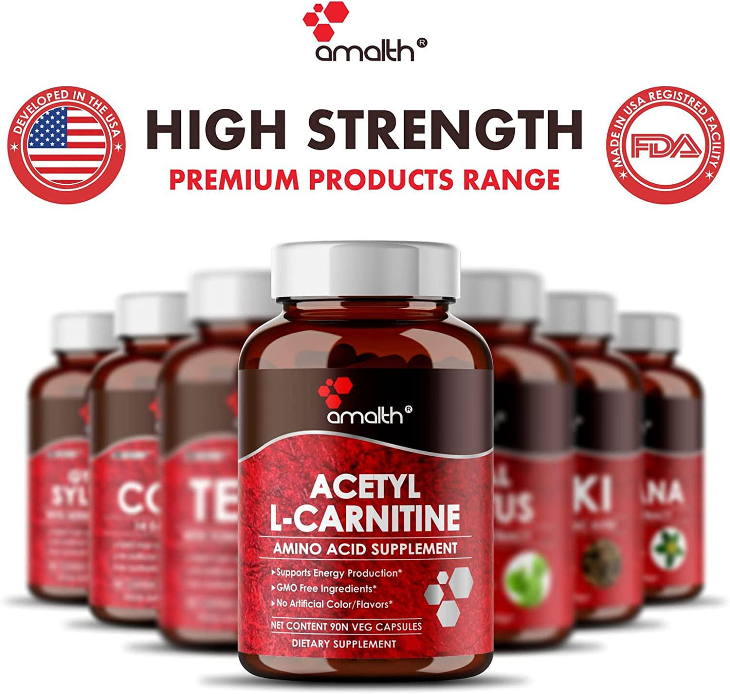 Amalth Acetyl L-Carnitine Capsules 750mg - Energizing Brain Support - Non-GMO, Vegetarian Acetyl L-Carnitine Supplement (90 Capsules)