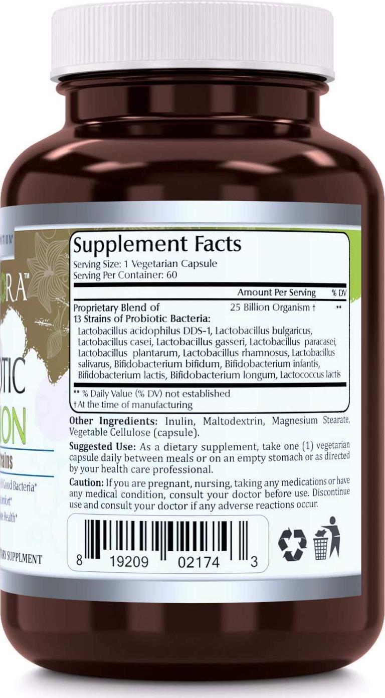 Amazing Flora Probiotic 13 Strains, 60 Veggie Capsules *Promotes Digestive and Immune Health *Supports Intestinal Health *Restores Natural Balance of Good Bacteria (25 Billion)