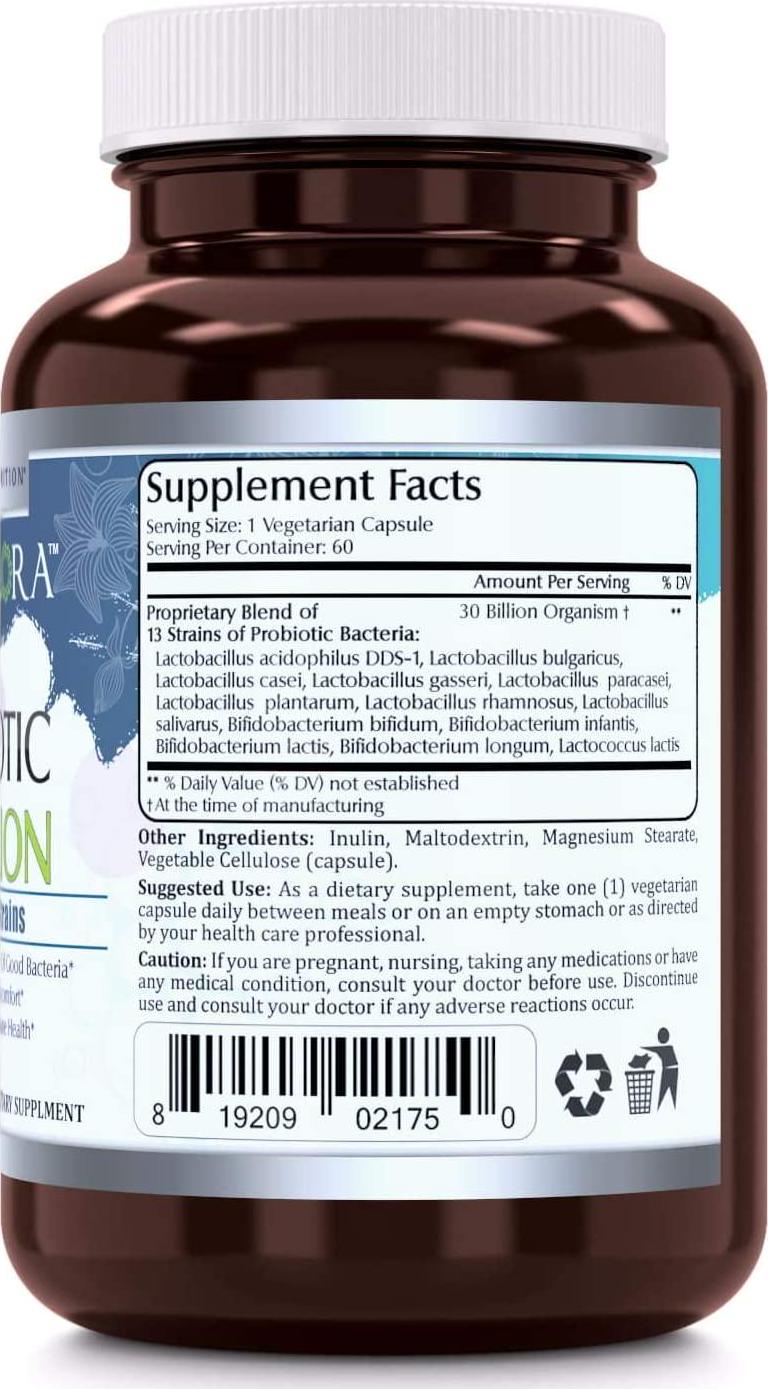Amazing Flora Probiotic 13 Strains, 60 Veggie Capsules *Promotes Digestive and Immune Health *Supports Intestinal Health *Restores Natural Balance of Good Bacteria (30 Billion)