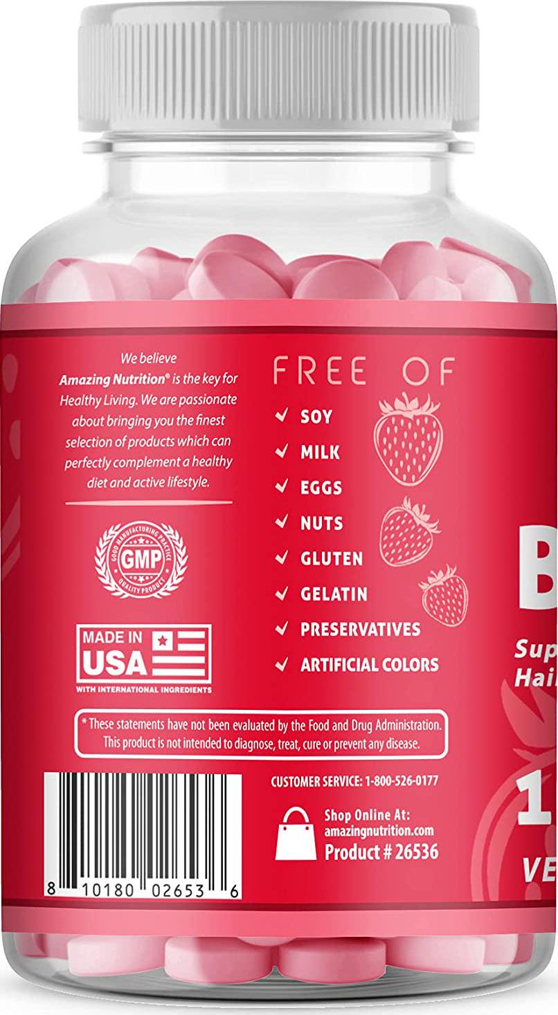 Amazing Formulas Biotin Gummies Supplement (Strawberry Flavor) - 120 Count, Gelatin-Free, Suitable for Vegetarians - Supports Healthy Skin and Nails - Promotes Stronger Hair