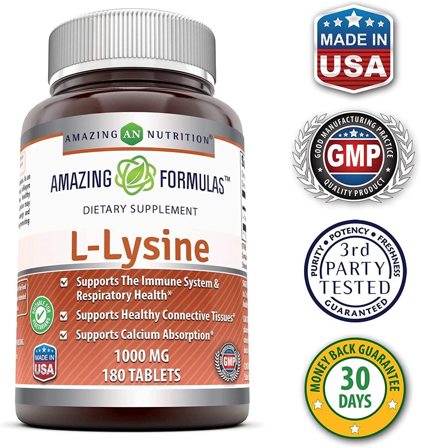 Amazing Formulas L-Lysine 1000mg Amino Acid Vitamin Tablets - Commonly Used for Cold Sores, Shingles, Immune Support, Respiratory Health and More (180 Count (Pack of 2))