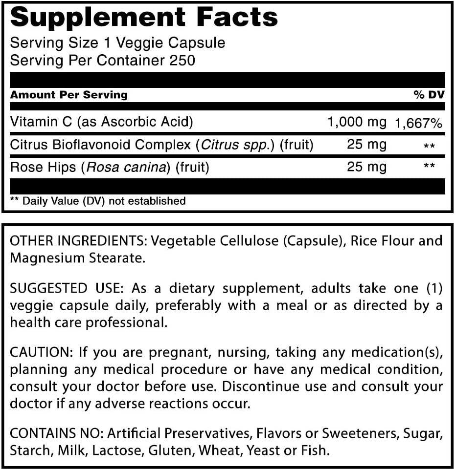 Amazing Formulas Vitamin C (Ascorbic Acid) - 1000mg with Rose Hips and Citrus Bioflavonoids -Promotes Immune Function -Supports Healthy Aging -Non-GMO, Gluten Free (250 Veggie Capsules)