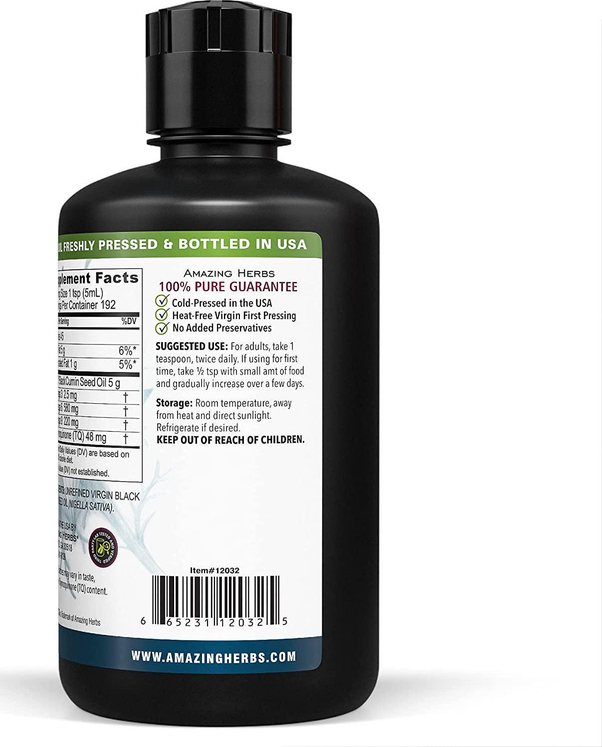 Amazing Herbs Premium Black Seed Oil - Cold Pressed Nigella Sativa Aids in Digestive Health, Immune Support, Brain Function, Joint Mobility, Gluten Free, Non GMO - 32 Fl Oz