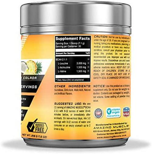 Amazing Muscle BCAA 2:1:1 Branched Chain Amino Acids - 6,000 MG - 30 Servings - Promotes Lean Muscles - Supports Swifter Muscle Recovery - Enhances Endurance Levels (Pina Colada)