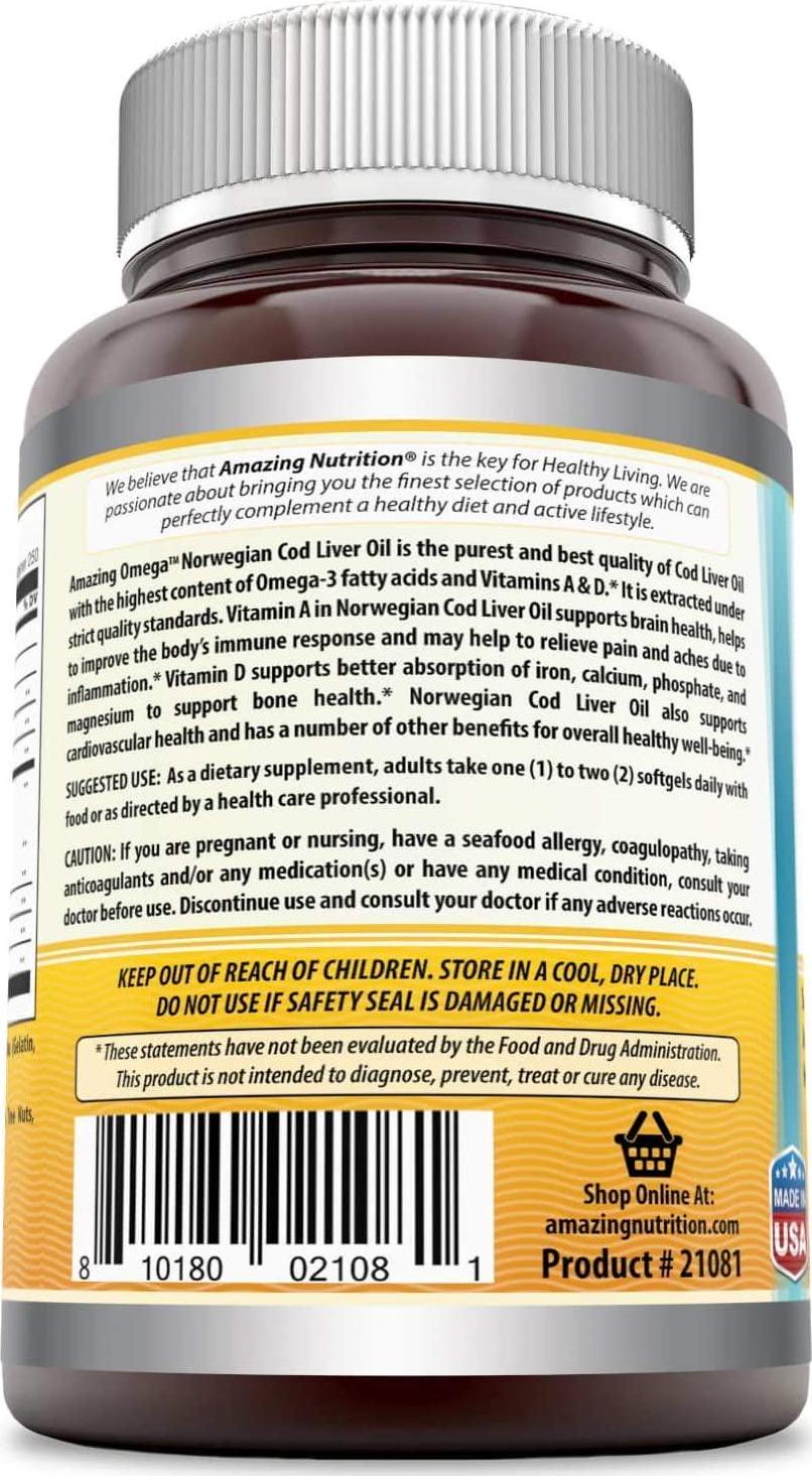 Amazing Omega Norwegian Cod Liver Oil 1000 Mg, Softgels (Orange, 250 Softgels)