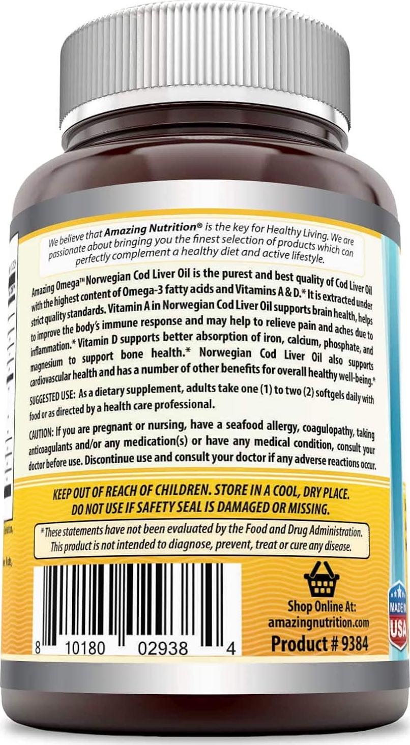 Amazing Omega Norwegian Cod Liver Oil-1250mg120 Softgels(Non-GMO,Gluten Free) Best Quality Cod Liver Oil,Extracted Under Strict Quality Standards from Around The Waters of Norway(Fresh Orange Flavor)