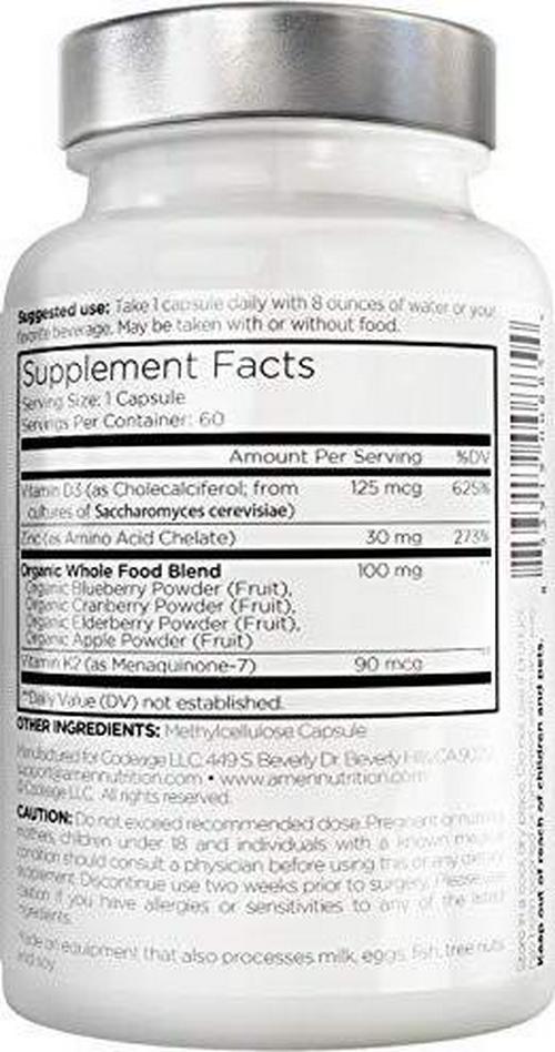 Amen Vitamin D, K2 and Zinc, Cholecalciferol D3 5000 IU, Organic Whole Food Blend with Apple, Blueberry, Cranberry, Elderberry Powder Fruits, Vegan Supplement, D3 K2 Vitamins, Non-GMO - 60 Capsules