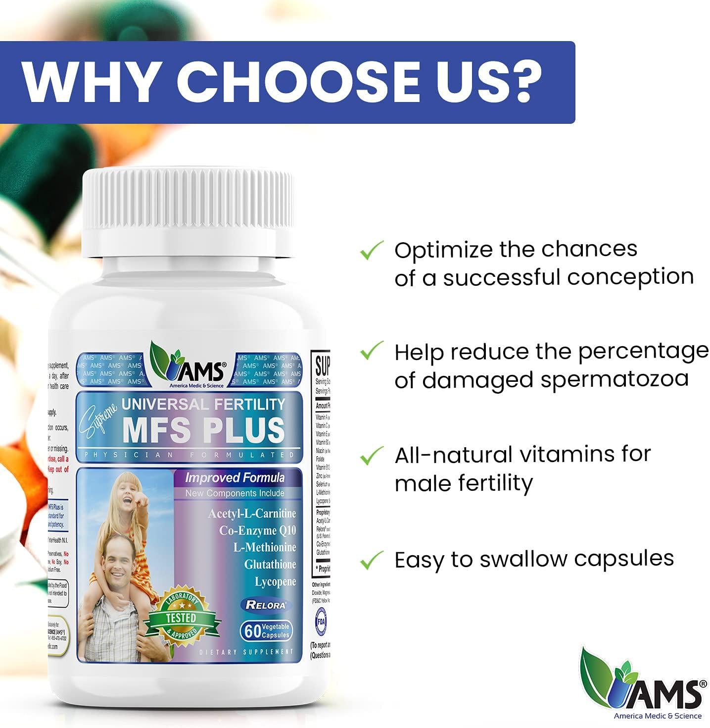 America Medic and Science MFS Plus Fertility Supplements for Men (60 Capsules) Count Booster, Supports Motility | Natural Preconception Vitamins, Reproductive Aid, with Zinc, CoQ10