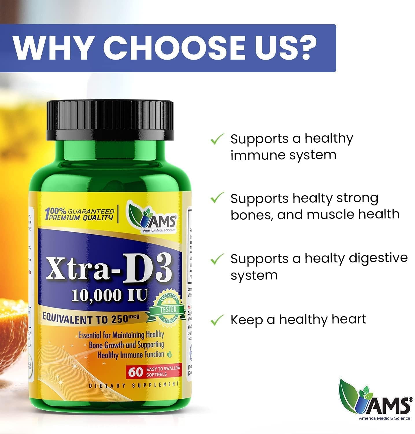 America Medic and Science Xtra D3 Vitamin D 10,000 IU (250 mcg) Cholecalciferol Supplement for Men and Women (60 Easy to Swallow Softgels) Best for Bone, Heart Health, Immune System Support, Lung Function