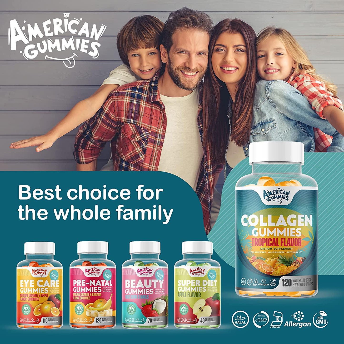 American Gummies Halal Collagen Supplement for Men and Women: for Healthy Skin, Hair, Bones, Muscles and Tendons, 120 Gummies