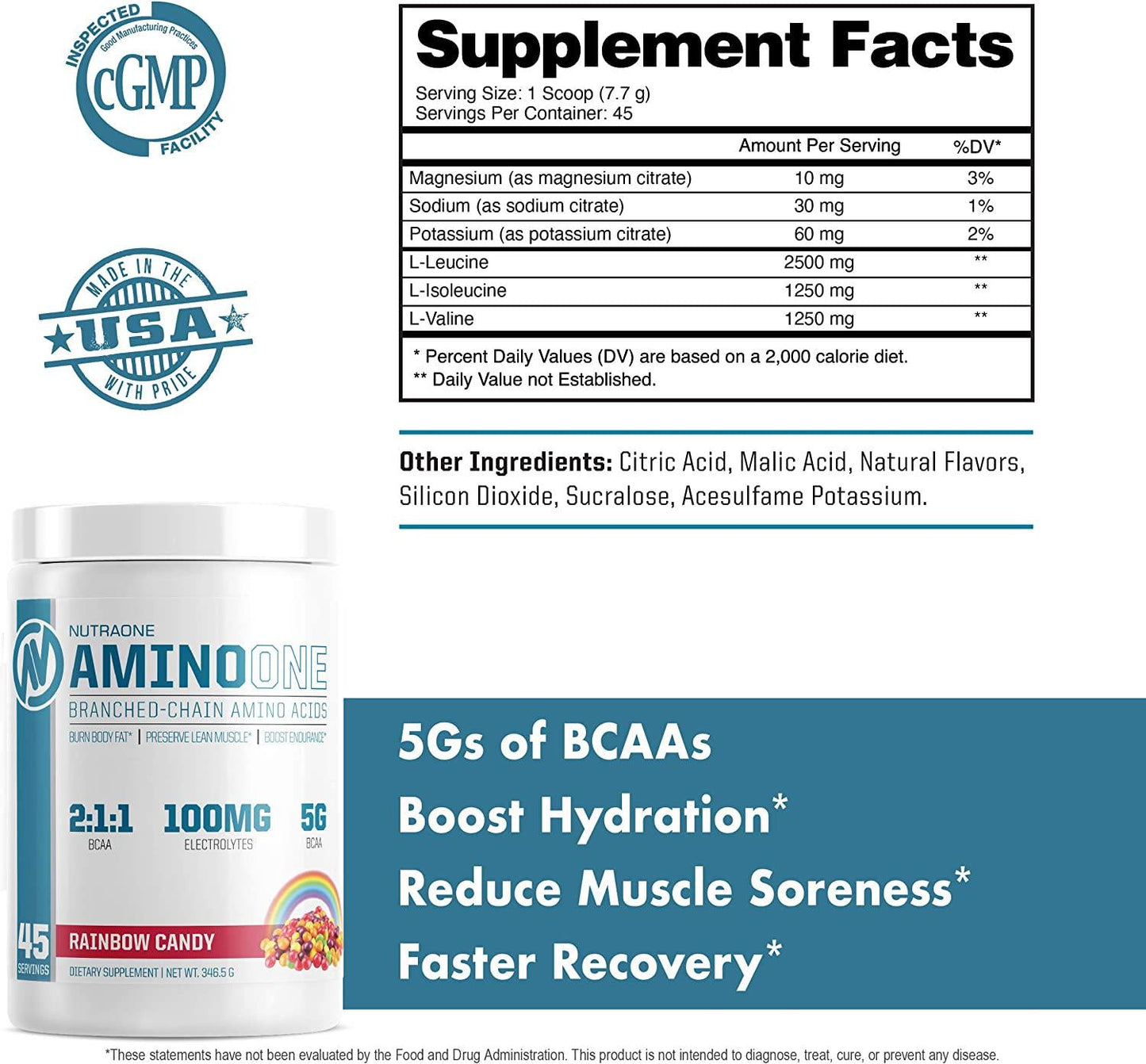 AminoOne BCAA Powder Supplement by NutraOne Branched Chain Amino Acids to Help Fuel and Recover (Rainbow Candy - 45 Servings)