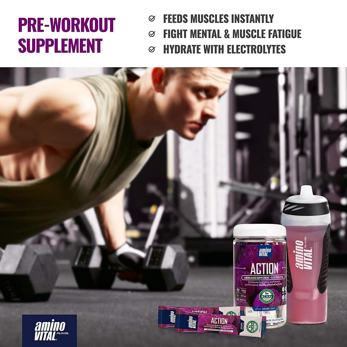 Amino VITAL Action- BCAA Amino Acids Pre Workout Packets with Electrolytes for Energy | No Caffeine, Keto, Vegan Supplement | 14 Single Serve | Grape