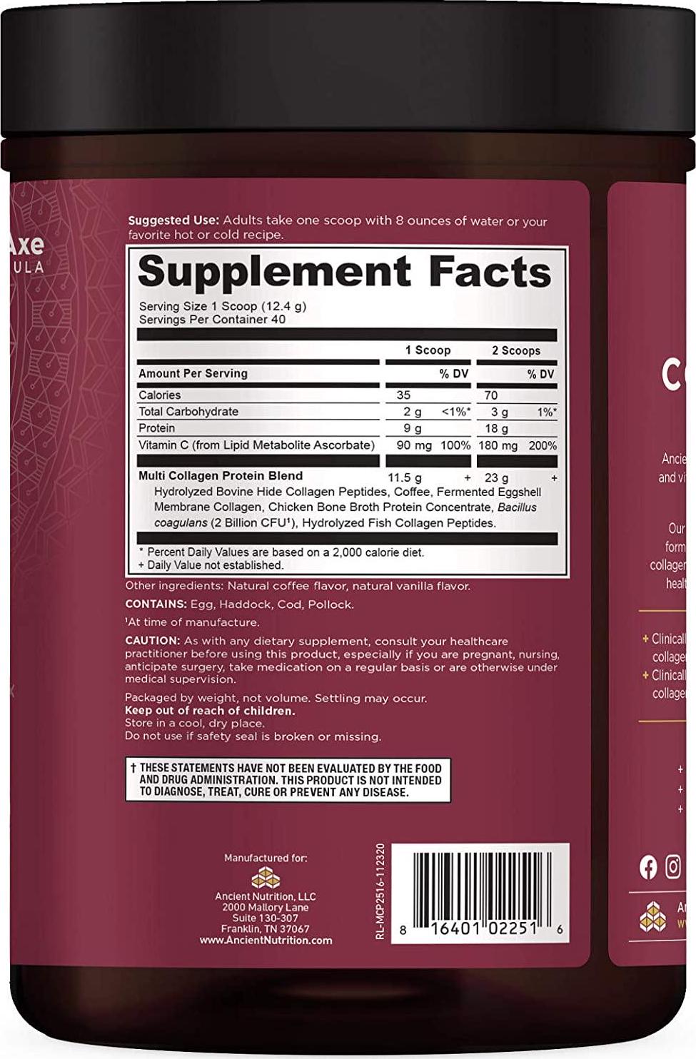 Ancient Nutrition Multi Collagen Protein Powder, Cold Brew, Formulated by Dr. Josh Axe, Hydrolyzed Collagen Supplement, Supports Joints, Hair, Skin and Nails, Made Without Dairy or Gluten, 17.6oz