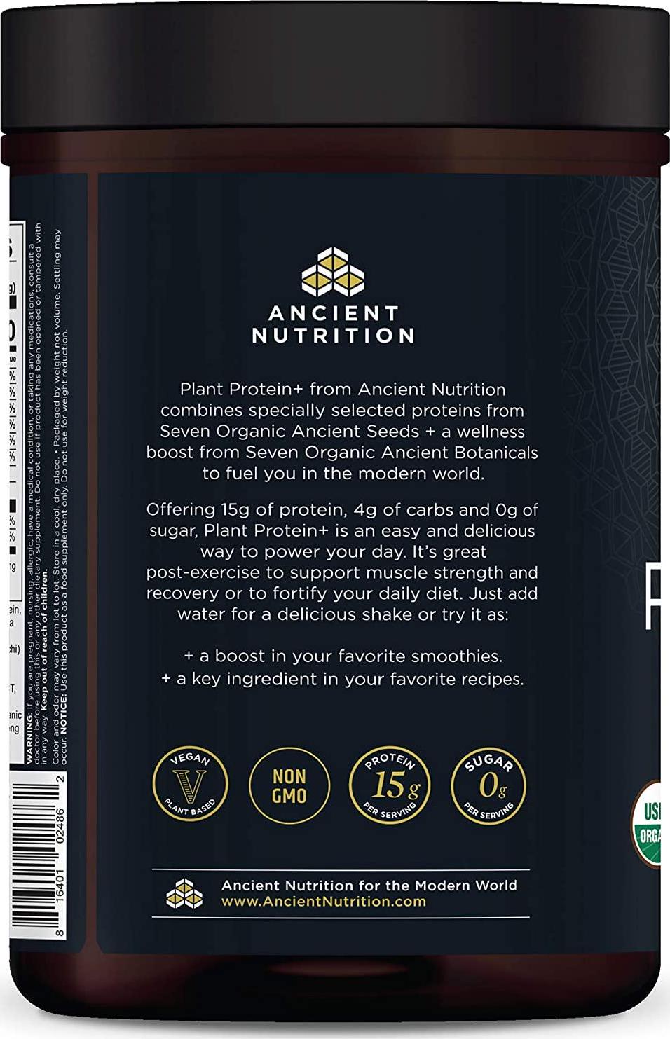 Ancient Nutrition Organic Plant Protein +, Vegan Plant Based Protein Powder, Vanilla, Formulated by Dr. Josh Axe, Dairy-Free, Gluten-Free, Non-GMO, No Sugar Added, Paleo Friendly Supplement 11.5 oz